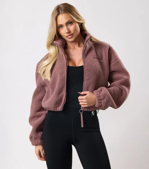 Women's Brown Croppe Borg Zip Up Top