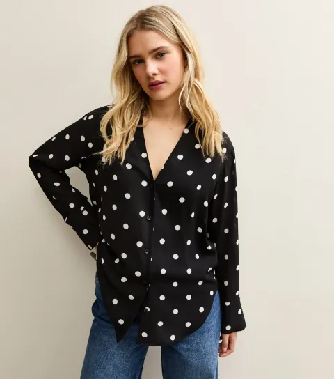 Women's Black Polka Dot Open Collar Shirt