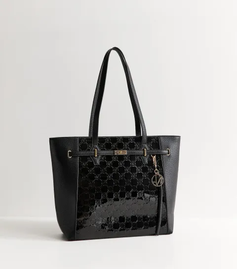 Black Patent Faux Leather Belted Monogram Tote Bag