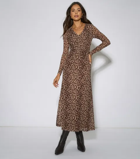 Gini London Women's Brown Abstract Print Ruched Midaxi Dress