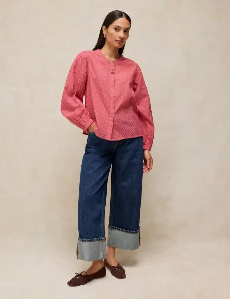 White Stuff Cotton Rich Jacquard Blouson Sleeve Blouse Pink Mix