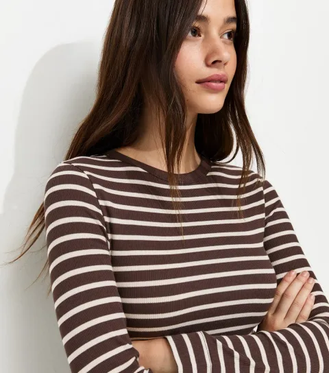 New Look Women's Brown Stripe Cotton Rich Long Sleeve Ribbed Crew Neck Top