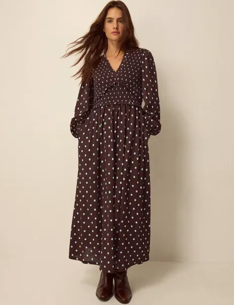 Monsoon Jersey Polka Dot V-Neck Midi Skater Dress Chocolate