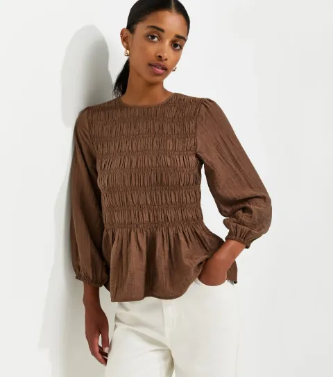 Women's Dark Brown Shirred Long Sleeve Blouse