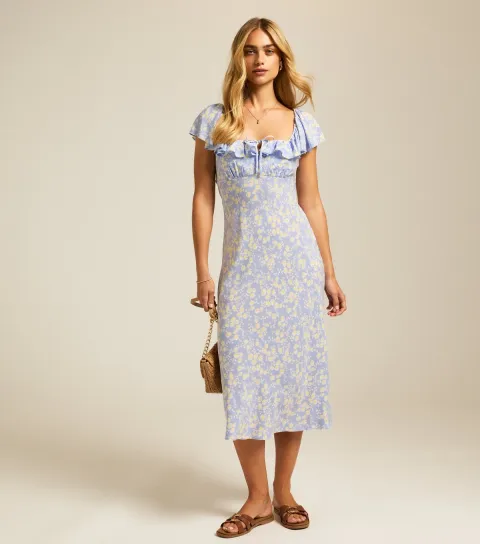 Women's Blue Daisy Print Square Neck Frill Midi Dress
