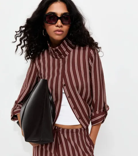 Women's Burgundy Striped Funnel Neck Shirt