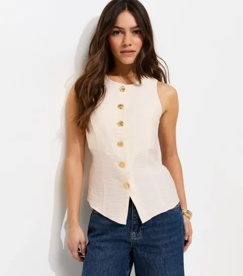 Women's Petite White Textured Button Waistcoat