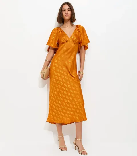 New Look Women's Pink Paisley Pattern Jacquard Flutter Sleeve Midi Dress