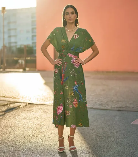 Women's Green Bird Floral Print Wrap Style Midi Dress
