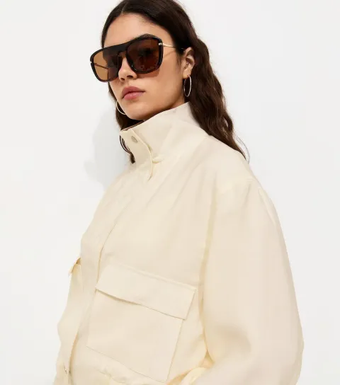 Women's Cream High Neck Zip Up Utility Bomber Jacket