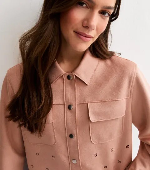 Women's Petite Light Pink Cutwork Faux Suede Shacket