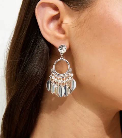Silver Tone Boho Circle Tassle Drop Earrings