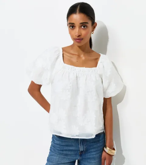 Women's White Daisy Puff Sleeve Blouse