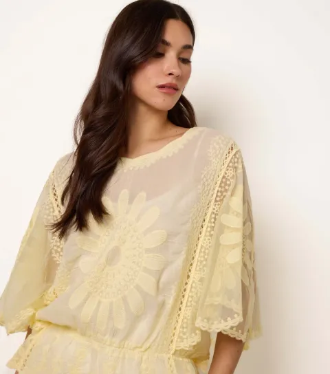 Women's Yellow Sunflower Lace Trim Blouse