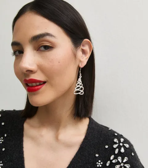 New Look Silver Tone Christmas Tree Diamante Swirl Drop Earrings