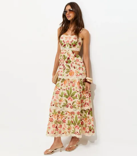 Women's Cream Fruit Print Tiered Maxi Dress