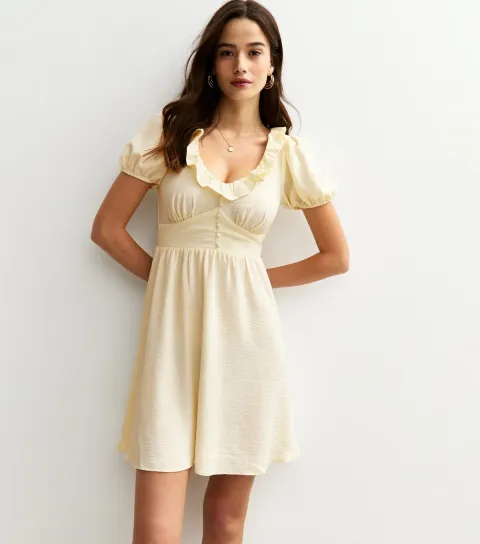 Women's Cream Ruffle Trim Puff Sleeve Mini Dress