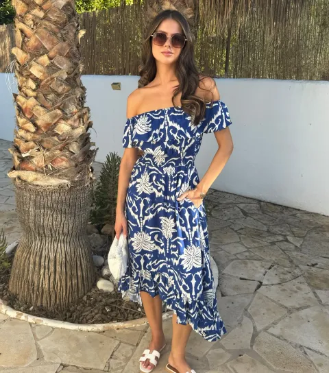 Women's Blue Bardot Frill Hem Midi Dress