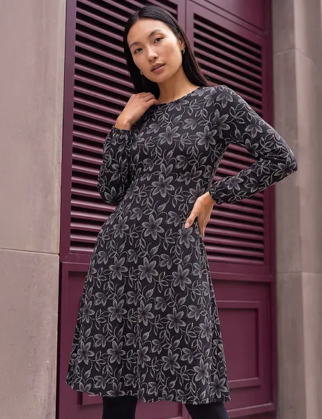 Roman Floral Print Frill Knee Length Dress Black