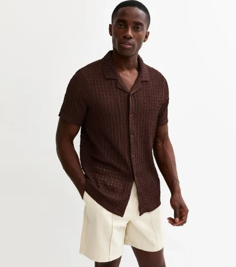 Men's Dark Brown Boxy Textured Knit Shirt