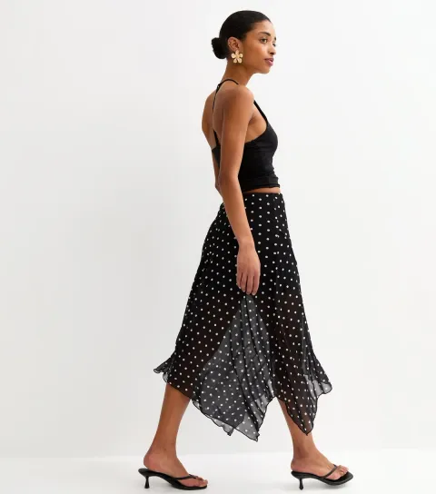 Women's Black Mesh Polka Dot Hanky Hem Midi Skirt