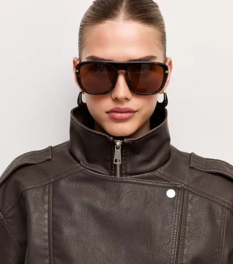 Women's Dark Brown Placket Detail Faux Leather Oversized Funnel Neck Jacket