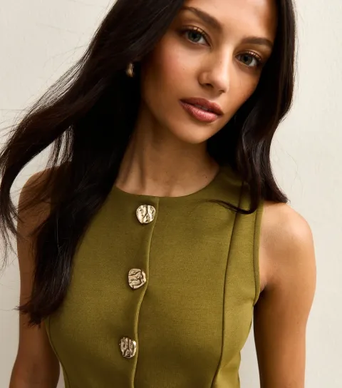 Women's Green Jersey Round Neck Gold Button Waistcoat