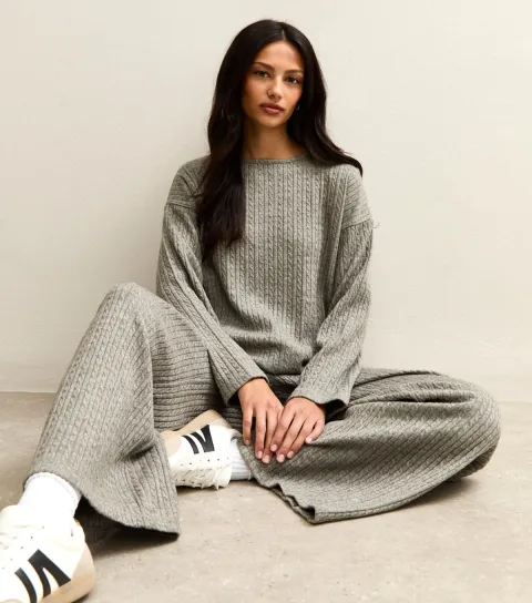 Women's Grey Soft Touch Cable Knit Split Hem Top