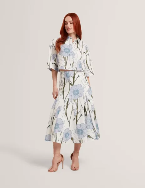 Ted Baker Linen Rich Floral Midi A-Line Skirt Ivory