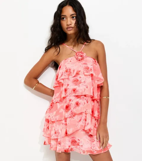Women's Pink Rose Print Ruffle Halterneck Mini Dress