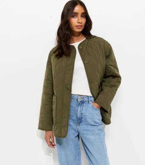 Women's Dark Khaki Longline Quilted Jacket