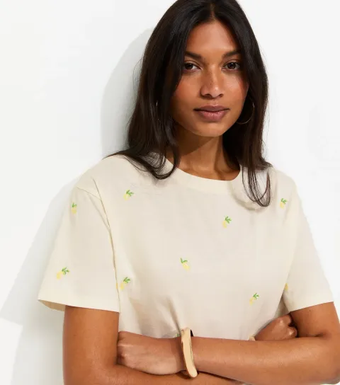 Women's Off White Cotton Lemon Embroidered Boxy Fit T-Shirt