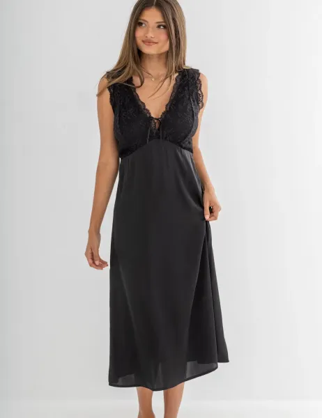 Pour Moi Dusk Satin & Lace Plunge Midi Chemise Black