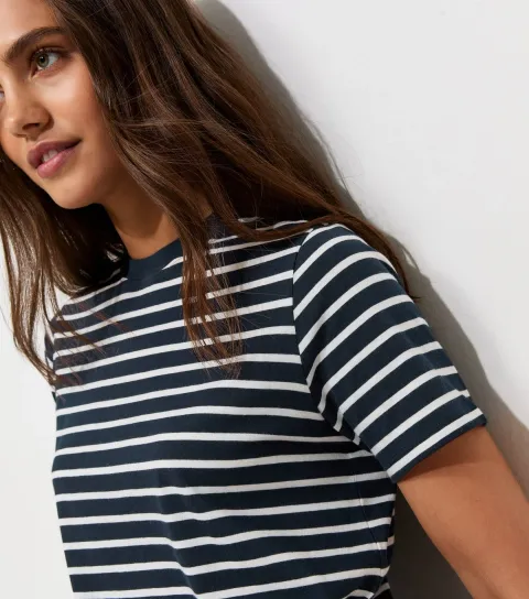New Look Women's Blue Cotton Striped Relaxed Fit T-Shirt