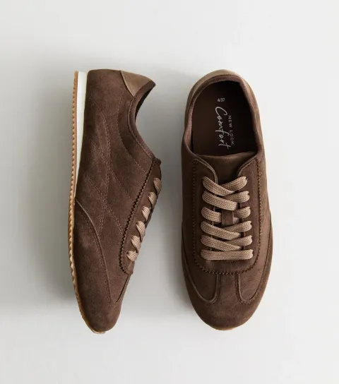 New Look Women's Dark Brown Faux Suede Lace Up Low Top Trainers Vegan