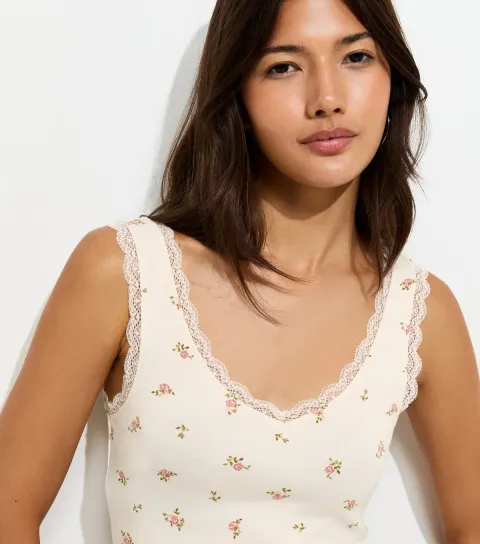 Women's Cream Cotton Rich Floral Lace Trim V-Neck Vest