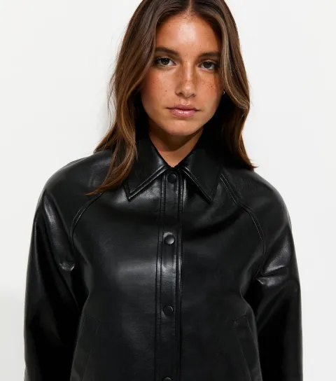 Women's Black Faux Leather Collared Jacket
