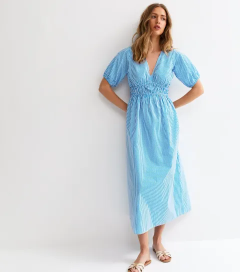 Women's Blue Striped Ruched Detail Midi Dress