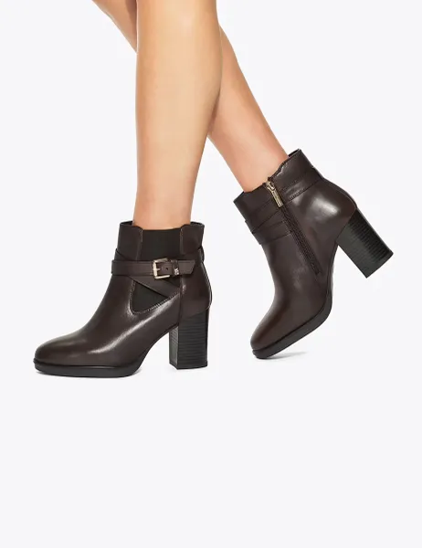 Kurt Geiger Leather Buckle Block Heel Ankle Boots Brown