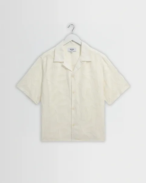 Curzon - Ecru Jacquard Viscose Short-Sleeve Shirt