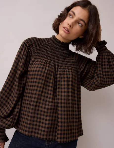 RO&ZO Gingham Shirred High Neck Blouse Brown Mix