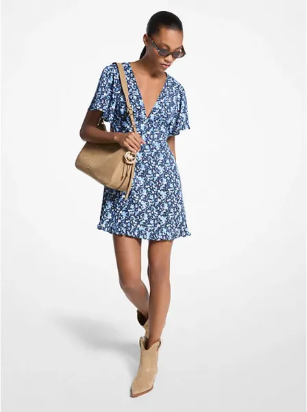 Floral Print Viscose and Silk Blend Dress