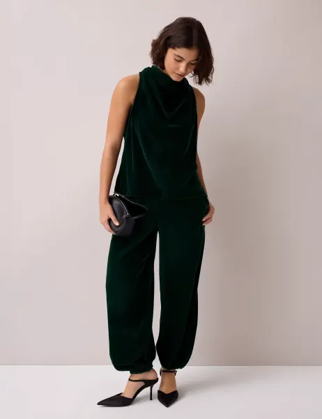 RO&ZO Velvet Elasticated Waist Balloon Trousers Dark Green