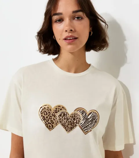 Women's Cream Cotton Foil Heart Lace Hem Boxy T-Shirt