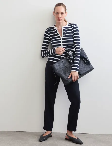 Jaeger Pure Cotton Jersey Striped Henley Top Ivory Mix