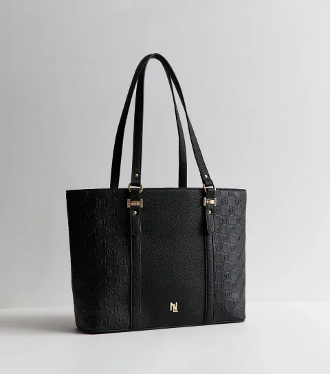 Black Faux Leather Logo Embossed Tote Bag