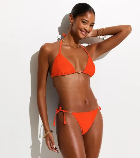 New Look Women's Bright Orange Shell Trim Side Tie Bikini Bottoms