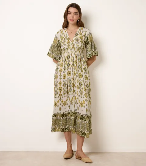Women's Bright Green Border Print Midi Dress
