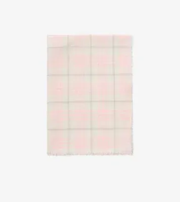 Wide Embellished Check Wool Silk Blend Scarf in Flora pink