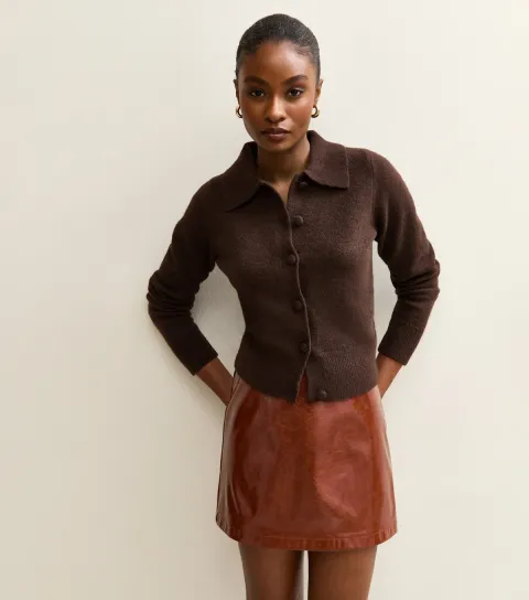 Women's Dark Brown Midweight Knit Collared Cardigan